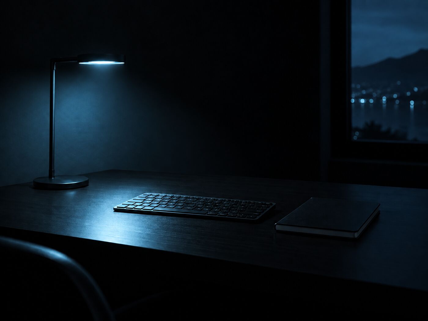Opgeruimd donker bureau met een lamp in ijsblauw licht, toetsenbord en notitieboek
